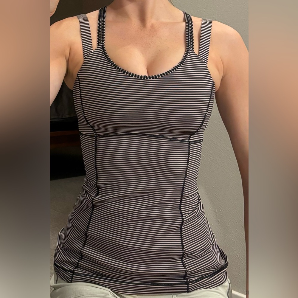 Lululemon black & light pink striped workout tank top